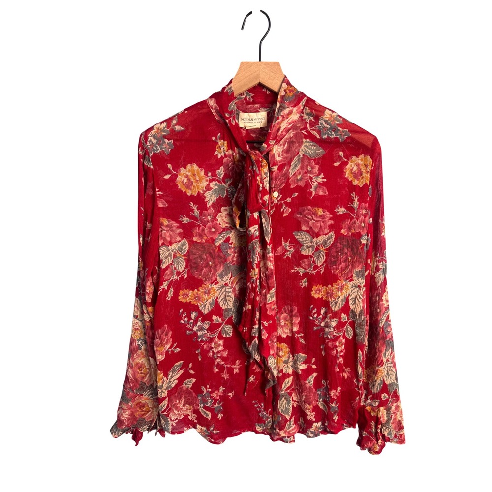 Denim & Supply Ralph Lauren Red Floral Bow Blouse Boho Cottagecore Romantic L